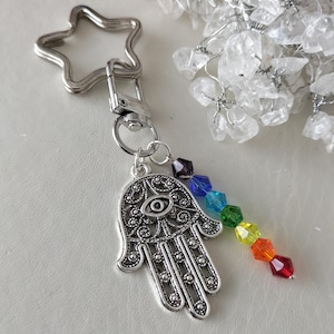 Chakra Schlüsselanhänger mit Chakren, 7 Chakra Kristall Schlüsselanhänger mit Hamsa Hand, Hamsa Hand Anhänger, spirituelles Geschenk, einzigartige Geschenke