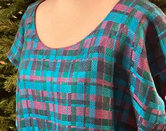 Handwoven TUNIC with Cap Sleeves. Acrylic/Orlec Green, Blue, Magenta, Navy. One size Tunic fits M-XL. Lightweight Tunic Top. Handwoven, Sewn