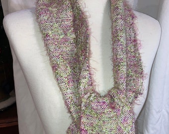 RAYON Scarf Pinks LIME RIBBONS. Nylon Hot Pink. Supple handwoven lightweight all-Year scarf. Fuzzy silky soft yarn White Cotton-Rayon Warp.