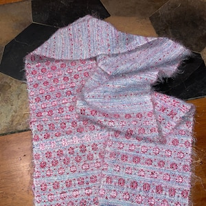 RAYON Scarf Pinks Blues RIBBONS. Nylon Hot Pink. Supple handwoven lightweight all-Year scarf. Fuzzy silky soft yarn on White Cotton Warp.