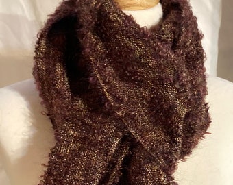 MOHAIR Scarf Maroon Gold Boucle. Supple handwoven lightweight all-Year Scarf. Muted MAROON brown, sage, gold, coppeR and Avocado Weft Scarf