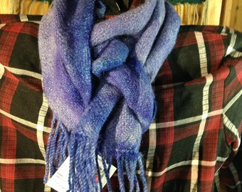 Handwoven Alpaca Cotswold Wool Scarf, Handwoven, HANDSPUN  Scarf, Dyed Distressed Electric Blue, COTSWOLD Wool with Alpaca Muffler Warm