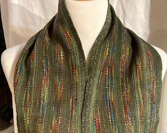 RAYON Scarf Green. in Cotton,nylon ribbon. Supple handwoven lightweight all-Year scarf. Muted green aqua, gold, blues, and rust ribbon