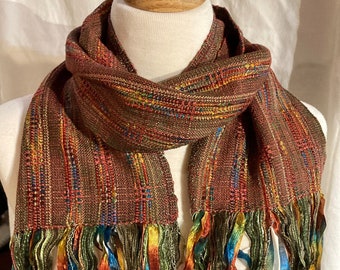 RAYON Scarf Strawberry Red. Cotton,nylon ribbon. Supple handwoven lightweight all-Year scarf. Muted green aqua, gold, blues, and rust ribbon