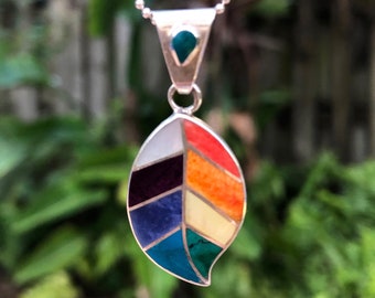 Silver Inca Coca leaf pendant,Chakra colors pendant with shells & stones from Cusco,Andean jewelry,christmas gift,peruvian  silver necklace