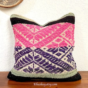 Rustic sofa pillow cover natural sheep wool hand woven vintage Peruvian frazada textile geometric print eco friendly pillow