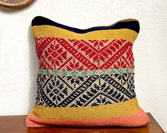 Boho Pillow cover made of Frazada wool also called Manta. Hand loomed Vintage Peruvian Textile, 16 x 16 handmade woven.