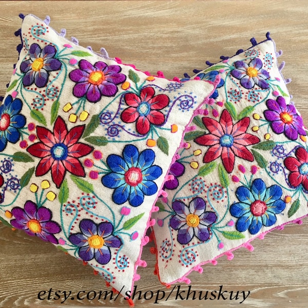 Cuscino decorativo peruviano Cuscino copre fiori macinati 16 x 16 Pecora & alpaca lana set fatto a mano di 2 crema
