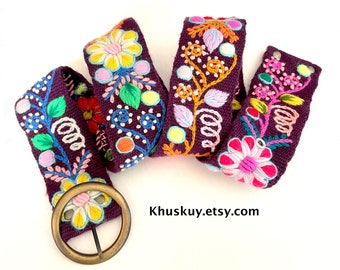 Peruvian embroidered belt M/L wool  Floral handmade belt colorful  boho hippie belt, christmas  gift idea for her under 40, festival belt