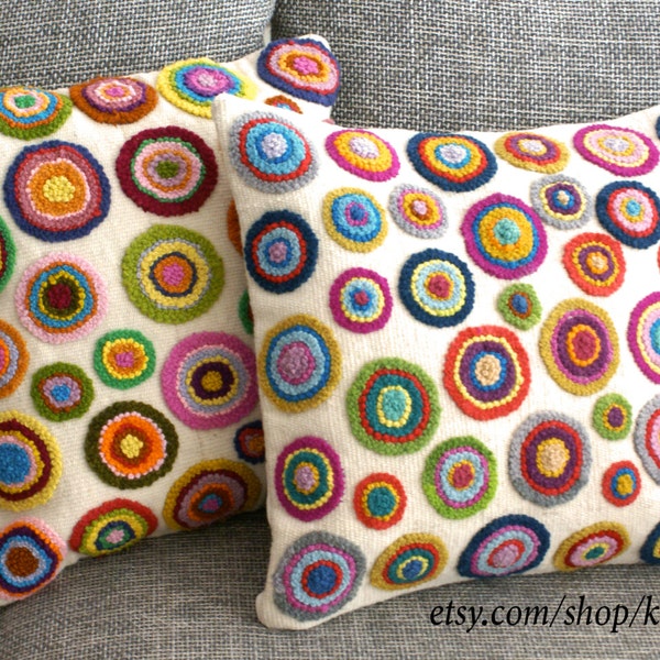 Peruvian Pillow embroidered circles Sheep & alpaca wool 16 x 16  Set of 2 cushion covers