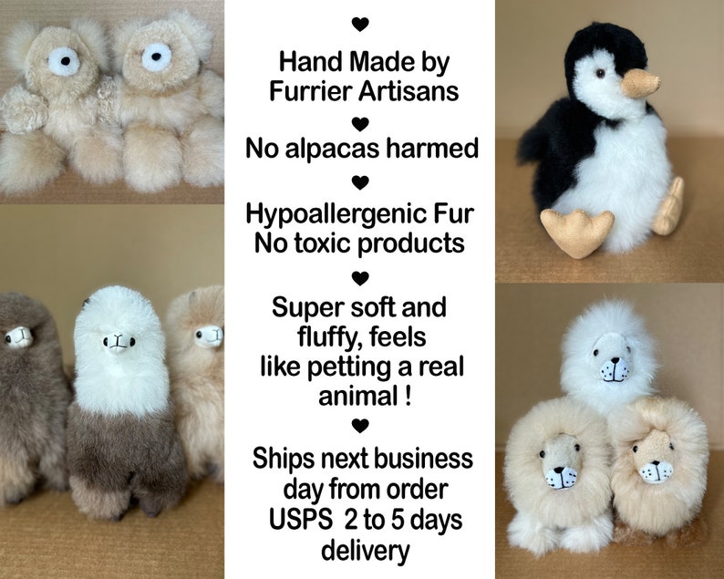 Op de afbeelding: Een verzameling pluche dieren gemaakt van hypoallergene vacht. De speelgoeddieren zijn ontworpen om eruit te zien als een pingu&iuml;n, een leeuw en een alpaca. De tekst "Hand Made by Furrier Artisans" en "No alpacas harmed" is zichtbaar op de afbeelding.