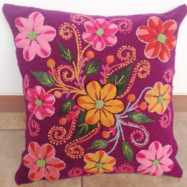 Magenta Hand embroidered Pillow cover Sheep and alpaca wool  flowers cushion cover handmade boho-chic bohemian eclectic style