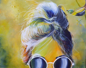 Woman painting,women head,bun,hair,bird,colorful,modern,green,yellow, summer,sunglasses,sun, young, funny, by Beate Frieling
