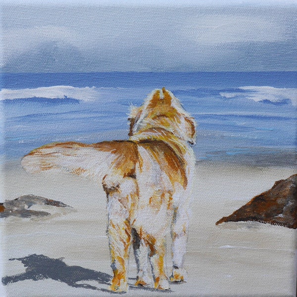 Strand,Golden Retriever,Hund, Sommer,Sonne, am Meer,See Blick,Tiermalerei, Sand,Fell, von Beate Frieling