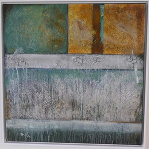 Abstract,large acrylic painting,patina,rust,papers,green,white,blue,frame,canvas, stonefloor,The old factorywall II by Beate Frieling