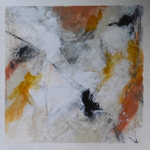 Pittura astratta, strati acrilico, giallo, arancione, bianco, nero, su carta di Beate Frieling