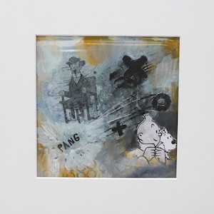 Könnte beinhalten: Ein Mixed-Media-Kunstwerk mit einer Schwarzweißillustration eines Mannes, der auf einem Stuhl sitzt, mit dem Wort "PANG" in einer Sprechblase. Der Hintergrund ist ein farbenfrohes abstraktes Design mit Spritzern in Blau, Gelb und Weiß.