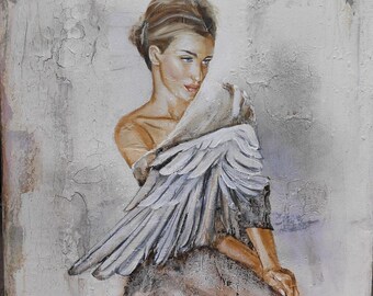 Pintura de mujer, alas, vestido, estructuras, rostro, eternidad, grietas, marrón, blanco, beige, desnuda, sensual, de Beate Frieling