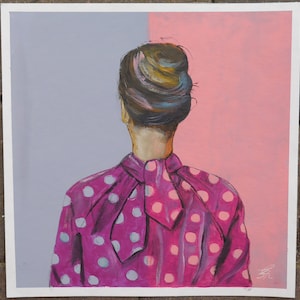 Dipinto femminile, camicetta, moda, moda, pois, rosa, blu, ritratto femminile, su carta, di Beate Frieling