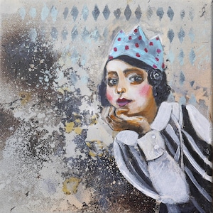 Fantasy painting,woman portrait,crown,blue,black,white, stripes, Bitumen, abstrakt, points by Beate Frieling