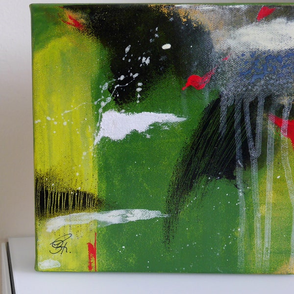 Petite peinture acrylique, vert,green,abstract,red, light green, black, noir,printemps,spring,cadeau,gloss,rouge by Beate Frieling