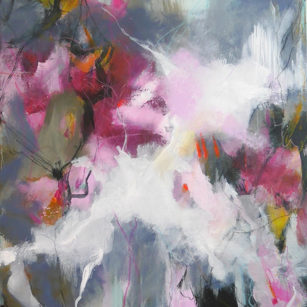 Peinture abstraite, bleu, gris, floral, fleurs, violet, rose, noir, coloré, sauvage, floral, blanc par Beate Frieling