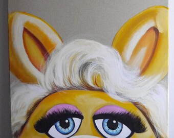 Señorita Peggy, Muppets, divertida, feliz, infancia, ojos grandes, cerdita, naranja, azul, perspectiva divertida de Beate Frieling