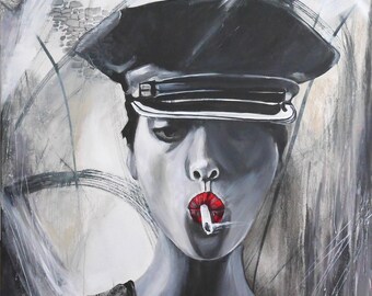 Mujer pintando, Mujer policía 1, abstracto con retrato, blanco y negro, beige, moderno, labios rojos por Beate Frieling