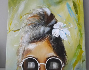 Women painting,summer,flower,hair,bun,sunglasses,portrait,young,green,white,brown, by Beate Frieling