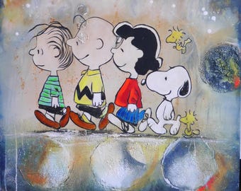 Familia de los cacahuetes, colorido, abstracto, círculos, Charlie Brown, amarillo, blanco, Lucy, Snoopy, azul, moderno, pintura divertida de Beate Frieling