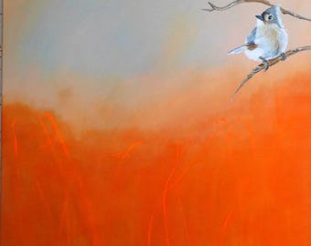 Pintura de aves, minimalista, naranja, rojo, blanco, arte de aves, naturaleza, acrílico sobre lienzo de Beate Frieling
