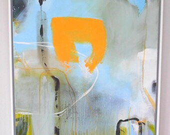 Summer Vibes II, pintura acrílica abstracta moderna, azul claro, verde, amarillo, amarillo anaranjado, negro, veraniega, enmarcada por Beate Frieling.