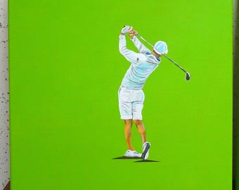 Pintura deportiva en acrílico, golf, golfista, en movimiento, verde, minimalista, palos de golf, gorra, por Beate Frieling