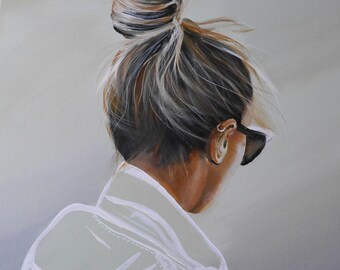 Cuadro de mujer, diseño moderno, moño, verde, blanco, veraniego, cabello castaño, alto contraste, de Beate Frieling.