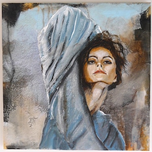 Pintura de mulheres, retrato, moderno, azul, branco, abstrato com cera, pose casual sobre papelão por Beate Frieling