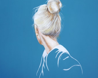 Mujer pintando, retrato, verano, cabello claro, rubia, moderna, azul, moño, veraniego, de Beate Frieling