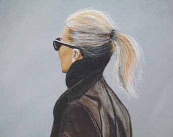 Cuadro de mujer, negra, rubia, gafas de sol, veraniega, con abrigo, marrón, moderno, de Beate Frieling.