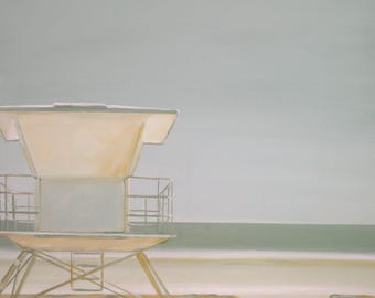 Playa, verano, Malibú, torre de salvavidas, patrulla de playa, estilo retro, verde, amarillo, estación de rescate, por Beate Frielng