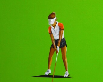 Pintura de golf, acrílico, golfista, green, golpe de salida, mujer con gorra, de Beate Frieling