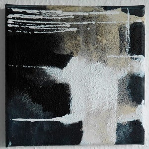 May include: Abstract painting on canvas with black, white, and beige paint. The painting has a textured surface and a modern style.