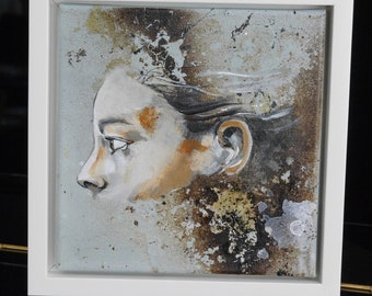 Woman portrait, painting face, fragments, gloss, grey white, woman painting, brown, frame, by Beate Frieling