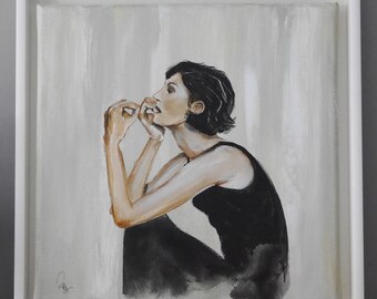 Cuadro de mujer, moderno, elegante, atemporal, negro, blanco, beige, enmarcado, de Beate Frieling