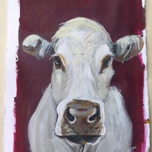Pittura di animali, mucca, bianco, beige, su carta, rosso, natura, animale, regalo, ritratto di animale, bestiame, marrone, di Beate Frieling