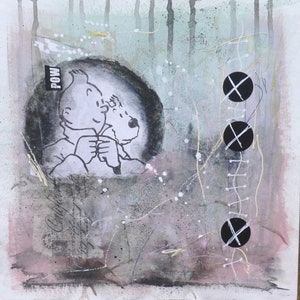 May include: A black and white illustration of a cartoon character with a dog, set against a background of abstract brushstrokes in shades of pink, green, and grey. The word "POW" is visible in the top left corner of the image. There are three black circles with white X's in the top right corner of the image.