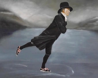 Patinaje sobre hielo, ambiente invernal, maestros antiguos, azul, colores fríos, negro, sombrero de copa, patinaje sobre hielo, por Beate Frieling
