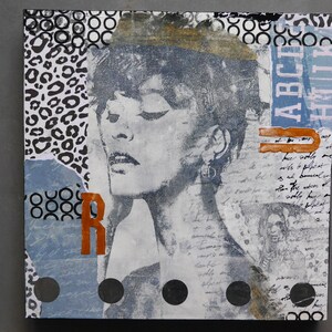 Small collage on wood, woman,fashion,modern,black and white,blue,paper,grey, print,by Beate Frieling