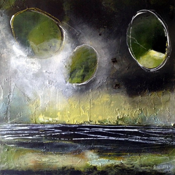 Abstract painting,canvas, green ,circles, lime, black,white,yellow, modern forms and struktures,textures by Beate Frieling