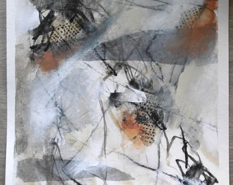 Abstrakte Acrylmalerei, grau, weiss, schwarz, braun,Collage,auf Papier, von Beate Frieling