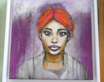 Rostro de mujer, cabeza, retrato, naranja neón, moño, moderno, ojos marrones, en un marco de madera blanco con sombra, pintura de mujer de Beate Frieling.