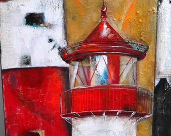 Faros marítimos, rojos y blancos, blancos y negros, estructuras marinas, faros de varias partes, modernos, pintura acrílica de Beate Frieling